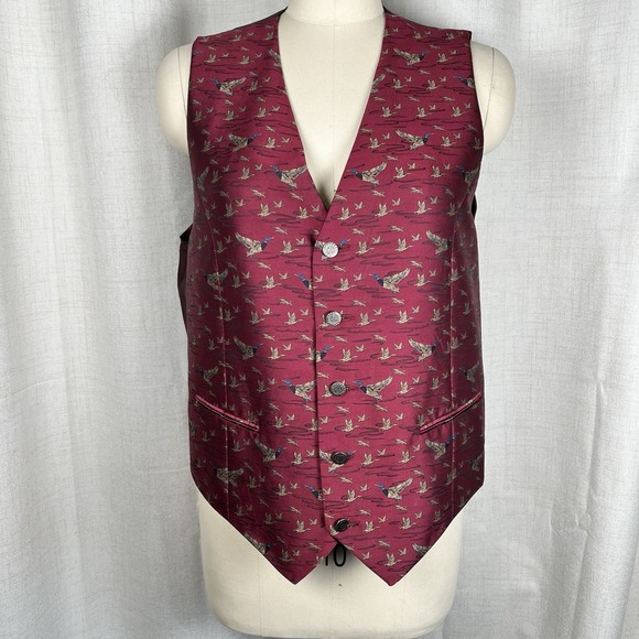 Vintage Burgundy Mallard Duck Print Waistcoat Vest US 42 Large Made In Germany